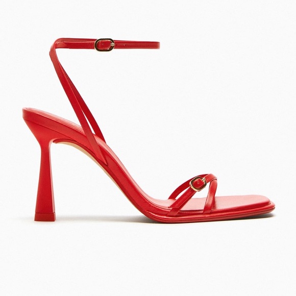 ZARA RED STRAPPY HEELED 100% LEATHER SANDALS - Picture 3 of 11